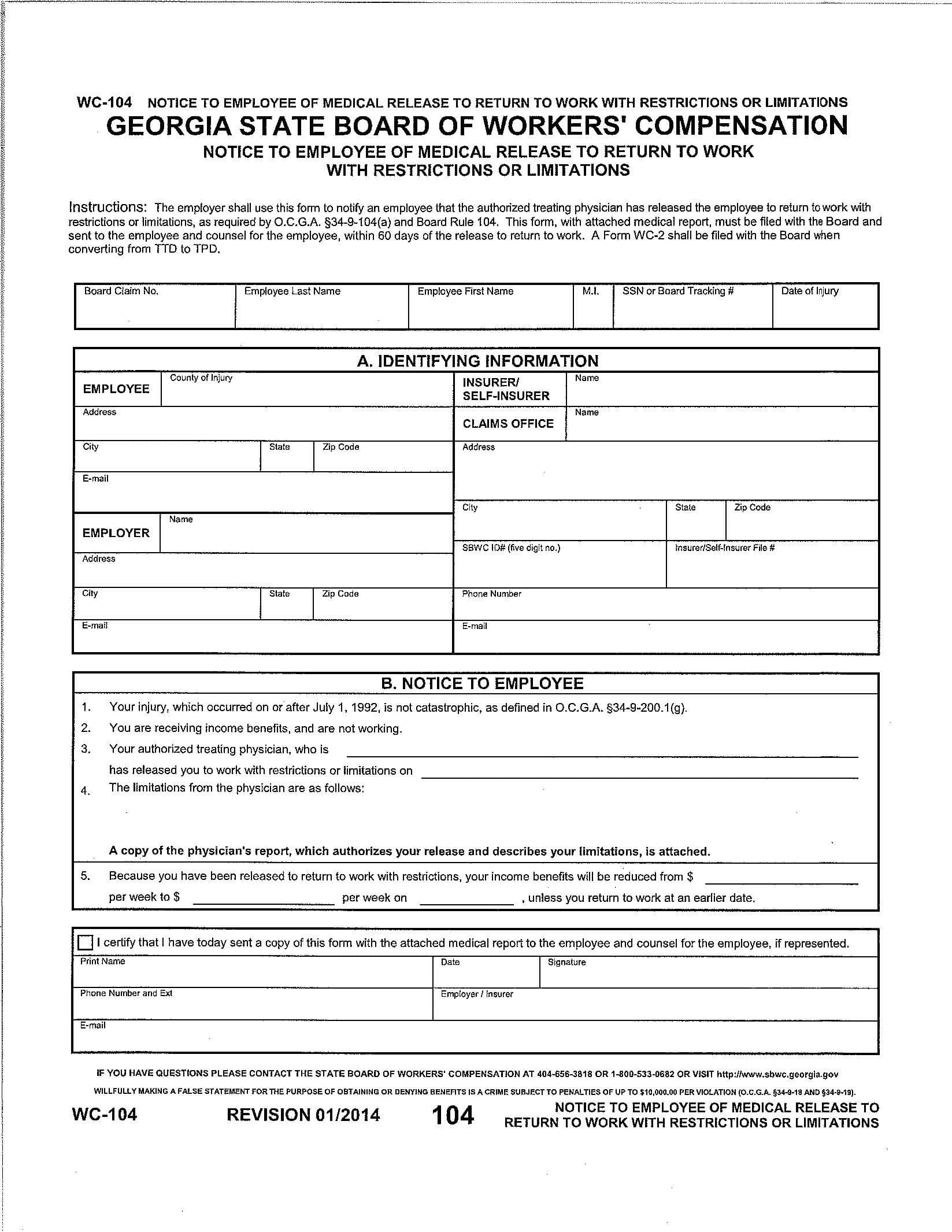 Georgia Workers' Compensation Forms WC-104, WC-240, and WC-R1